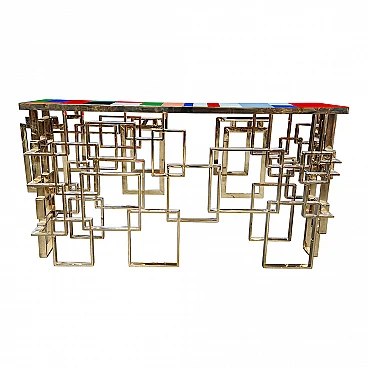 Console in chrome-gold steel and Murano glass top, 1990s