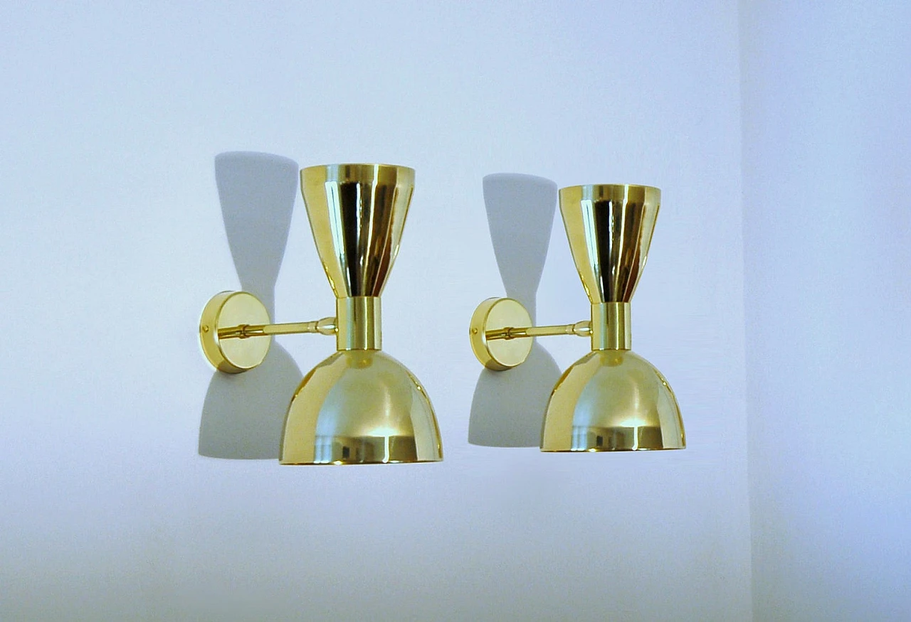 Stilnovo-style brass double-cone wall light 6