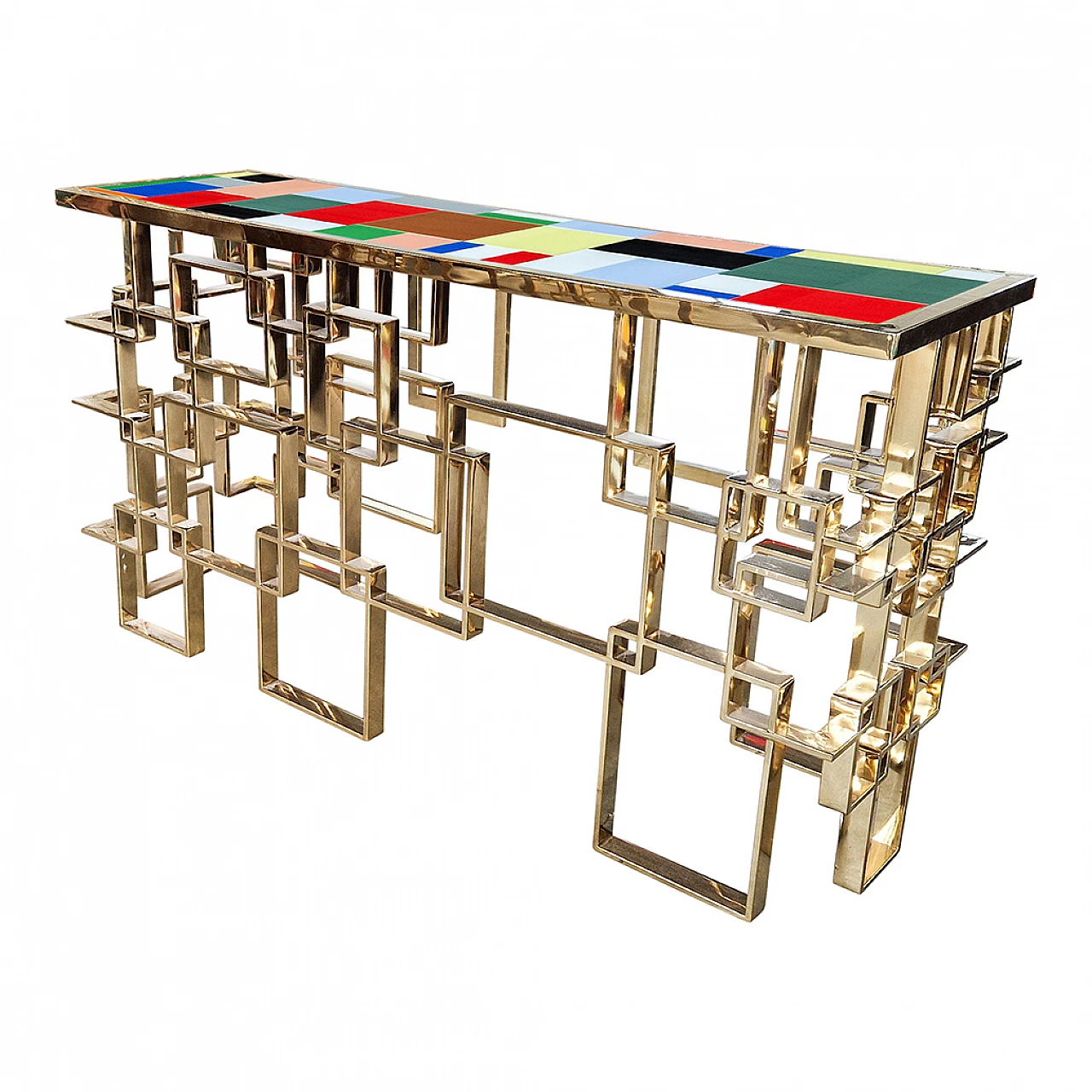 Console in chrome-gold steel and Murano glass top, 1990s 7