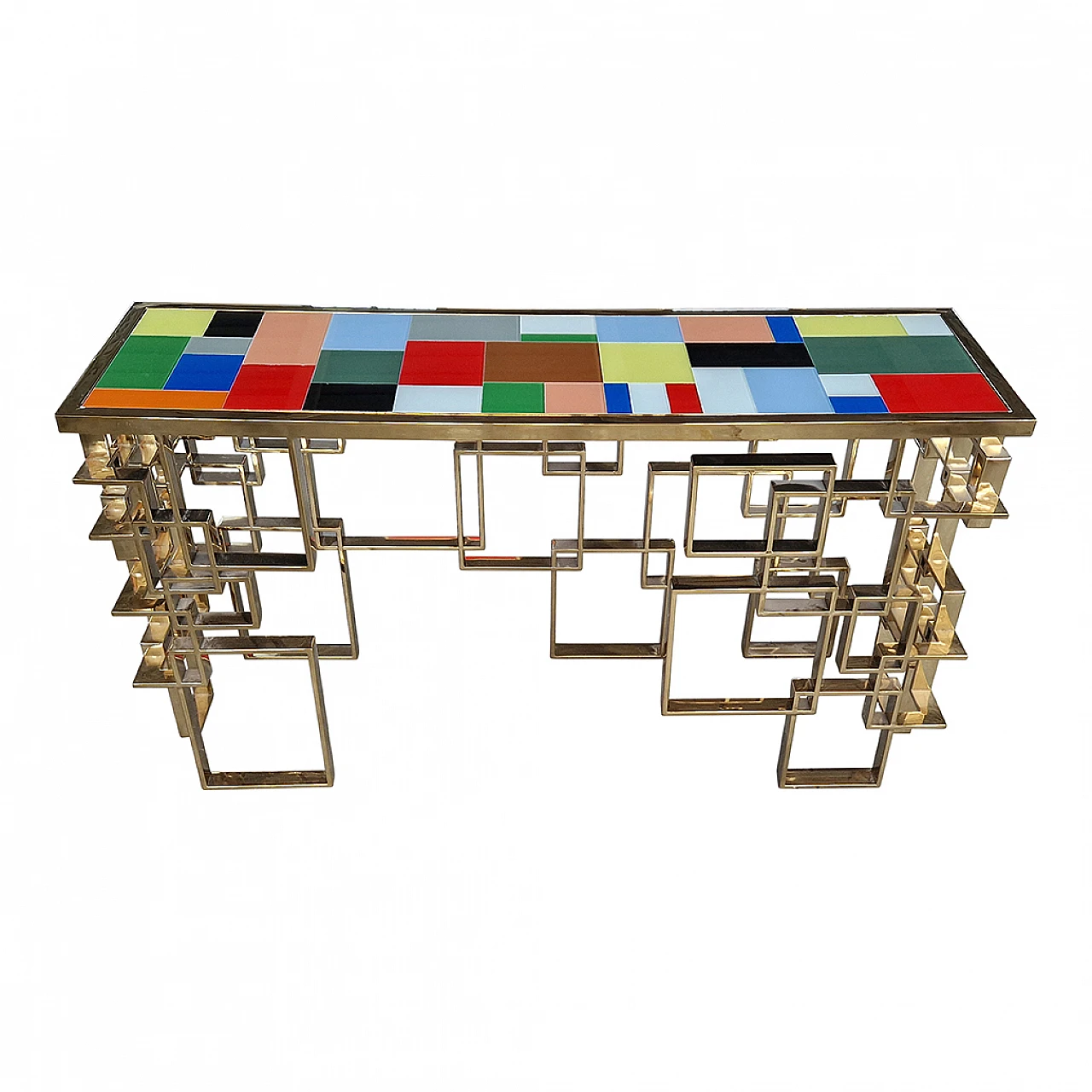 Console in chrome-gold steel and Murano glass top, 1990s 10