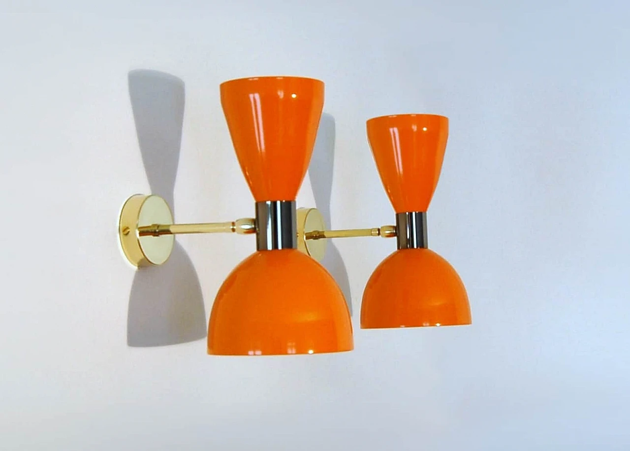 Orange lacquered metal double lampshade wall light 2