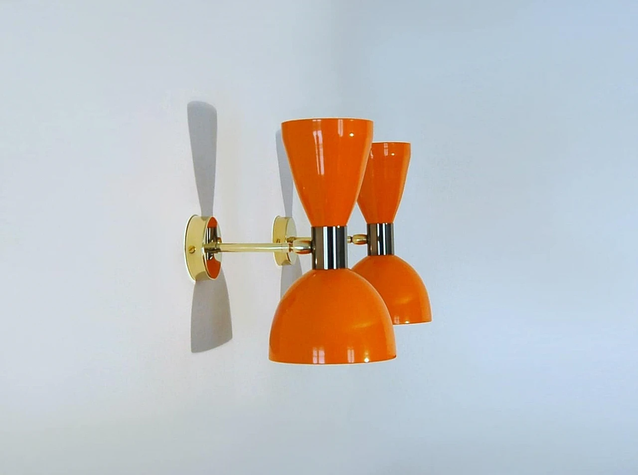 Orange lacquered metal double lampshade wall light 4