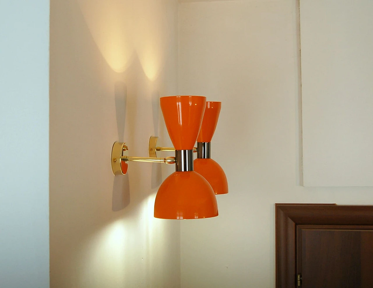 Orange lacquered metal double lampshade wall light 5