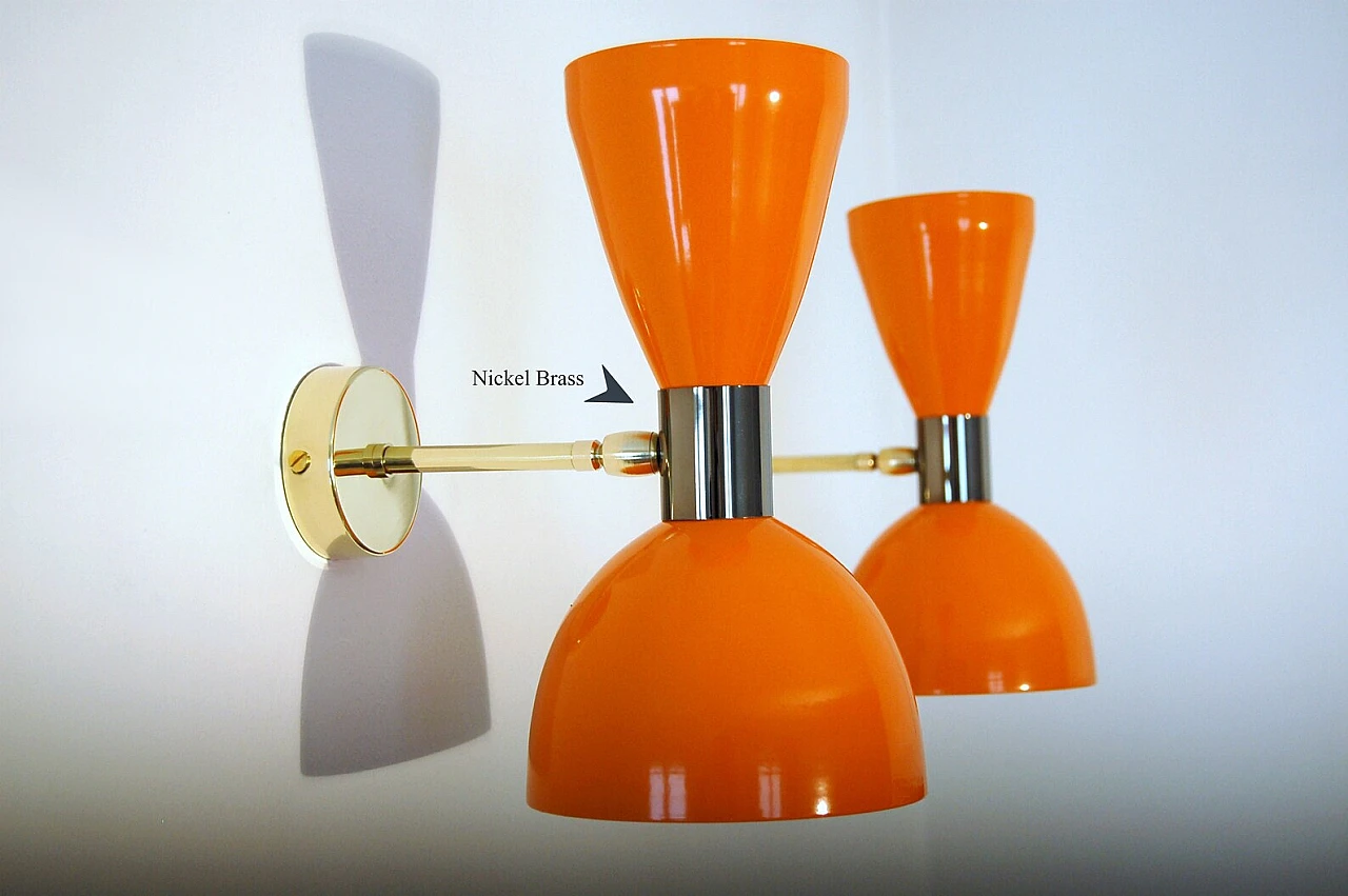 Orange lacquered metal double lampshade wall light 6