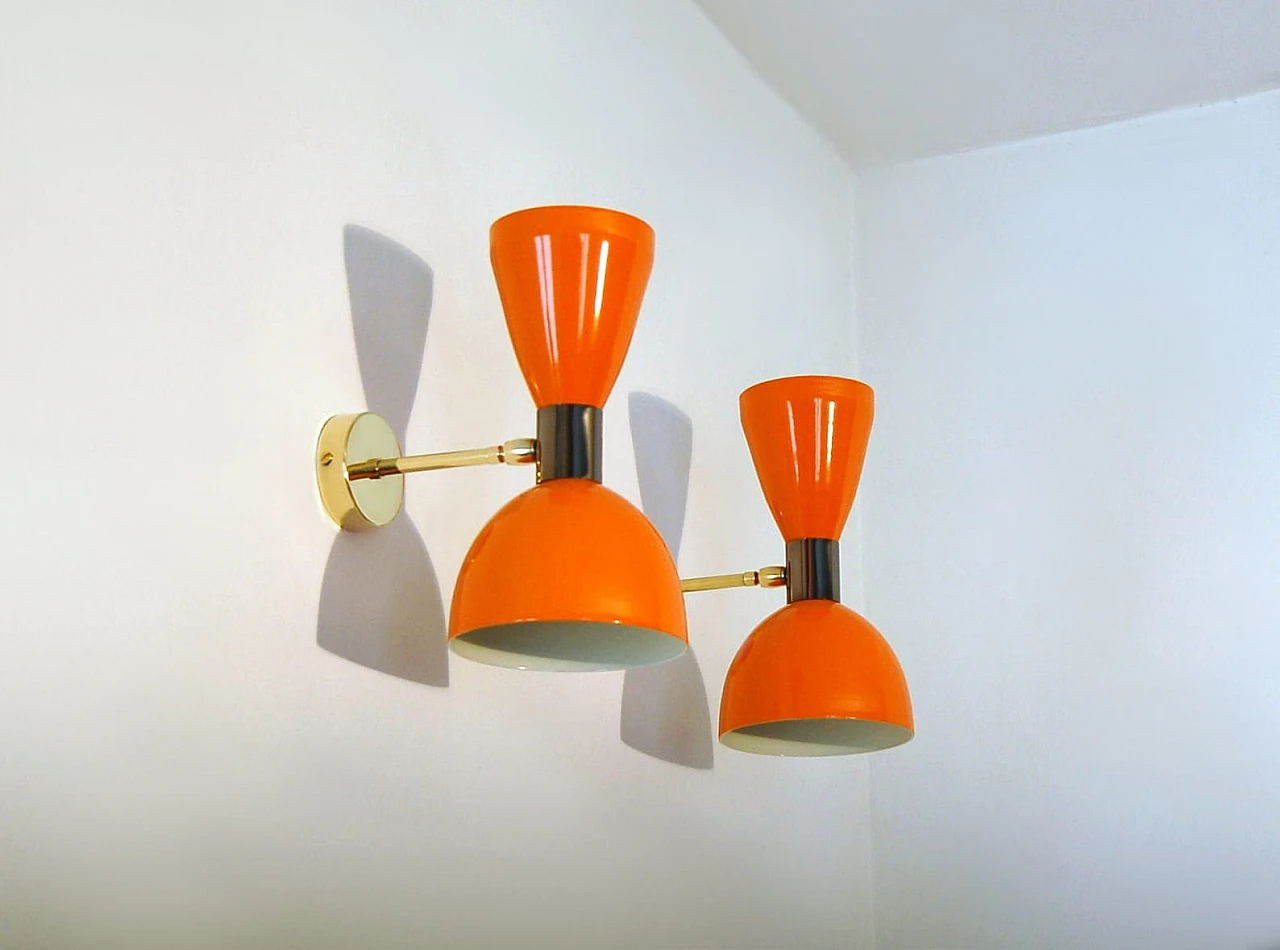 Orange lacquered metal double lampshade wall light 7