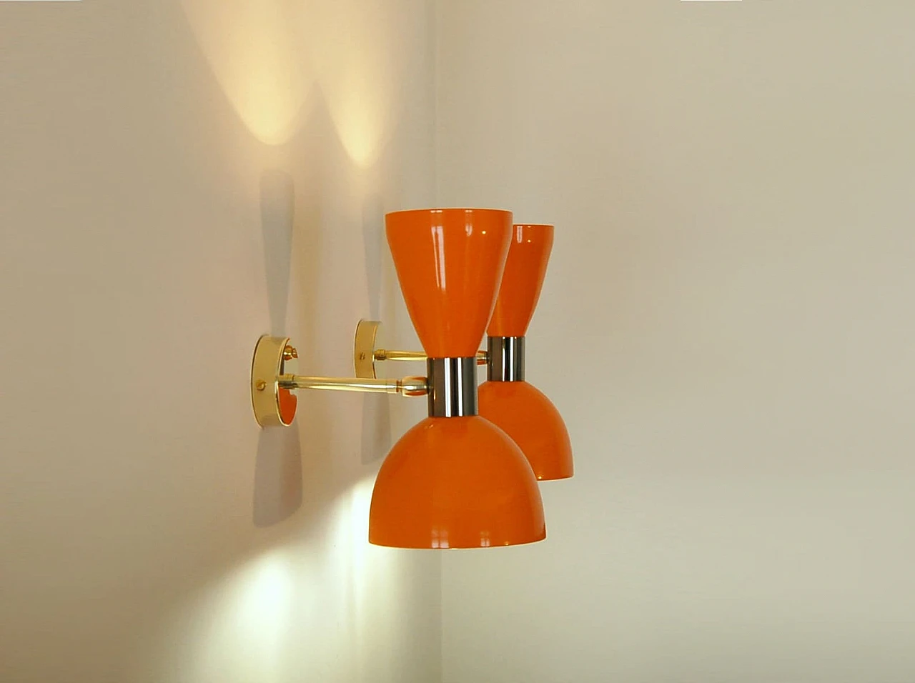 Orange lacquered metal double lampshade wall light 9