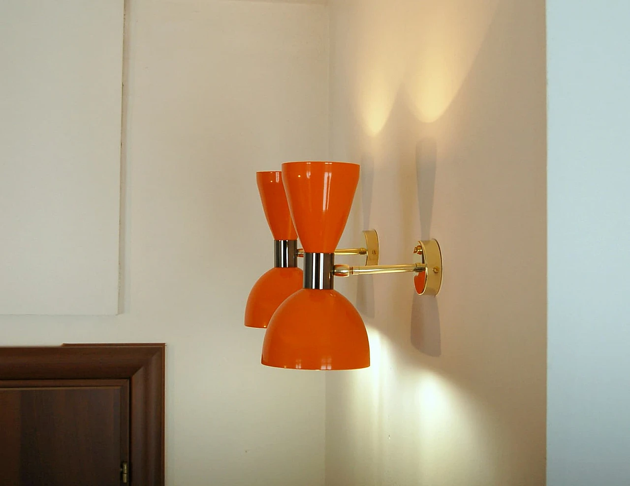 Orange lacquered metal double lampshade wall light 10