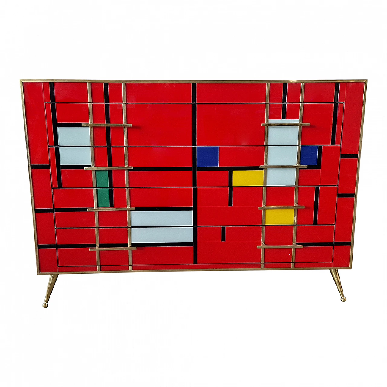 Four-drawer dresser in red multi-coloured Murano glass, 1980s 1