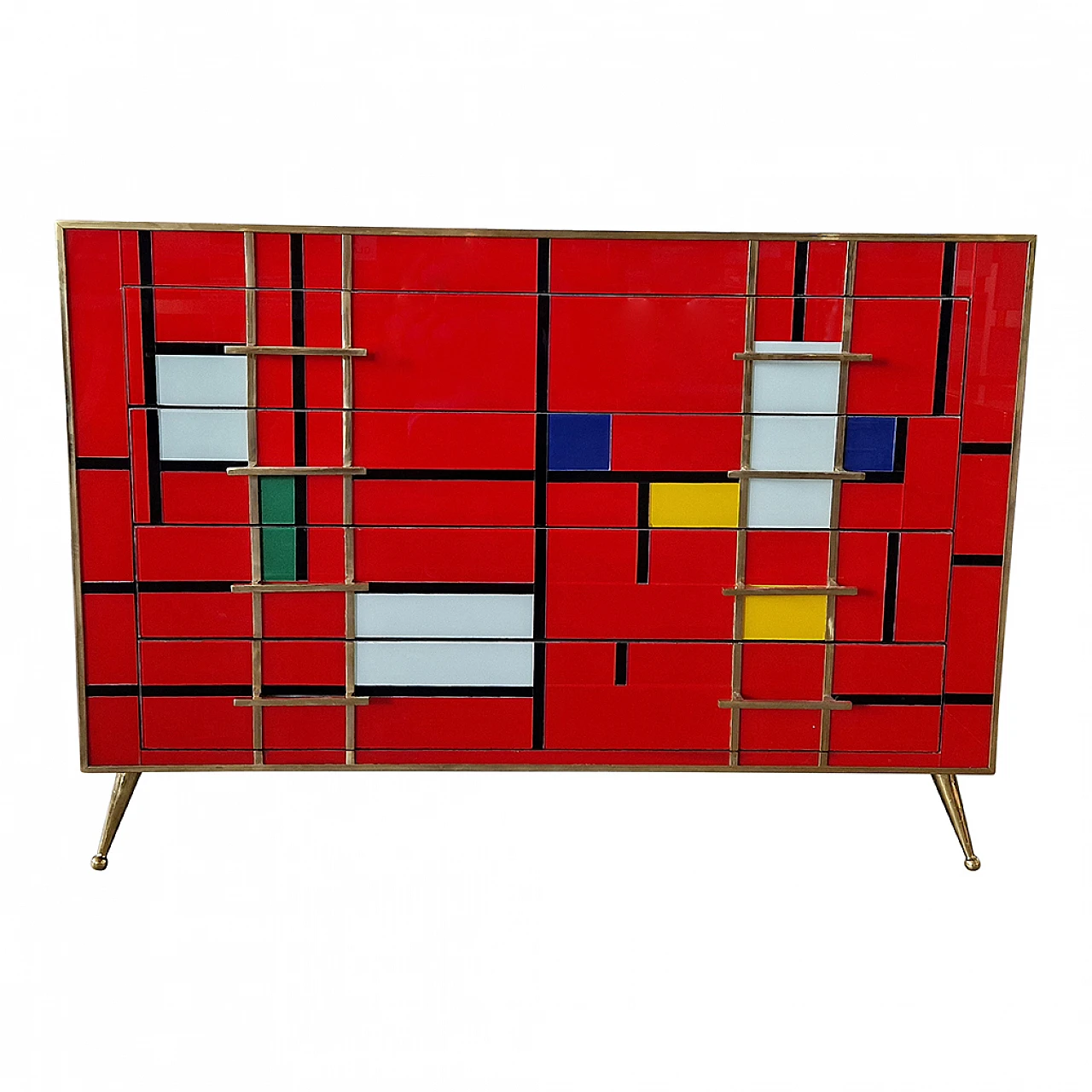 Four-drawer dresser in red multi-coloured Murano glass, 1980s 2