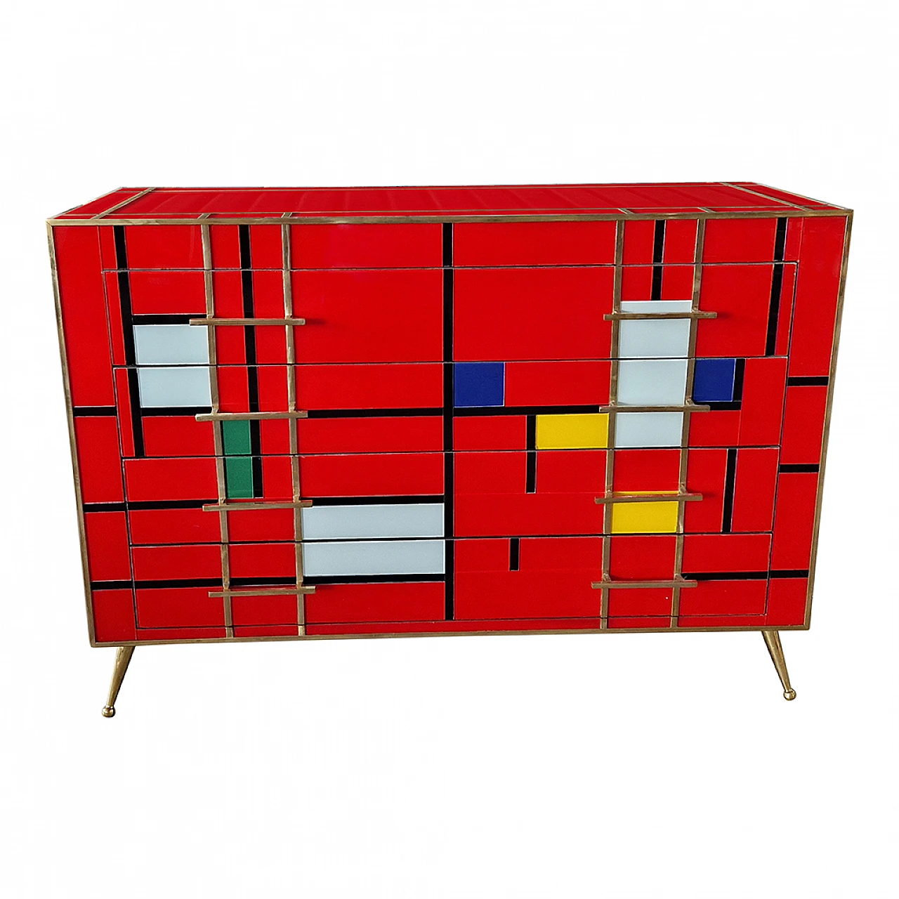 Four-drawer dresser in red multi-coloured Murano glass, 1980s 3