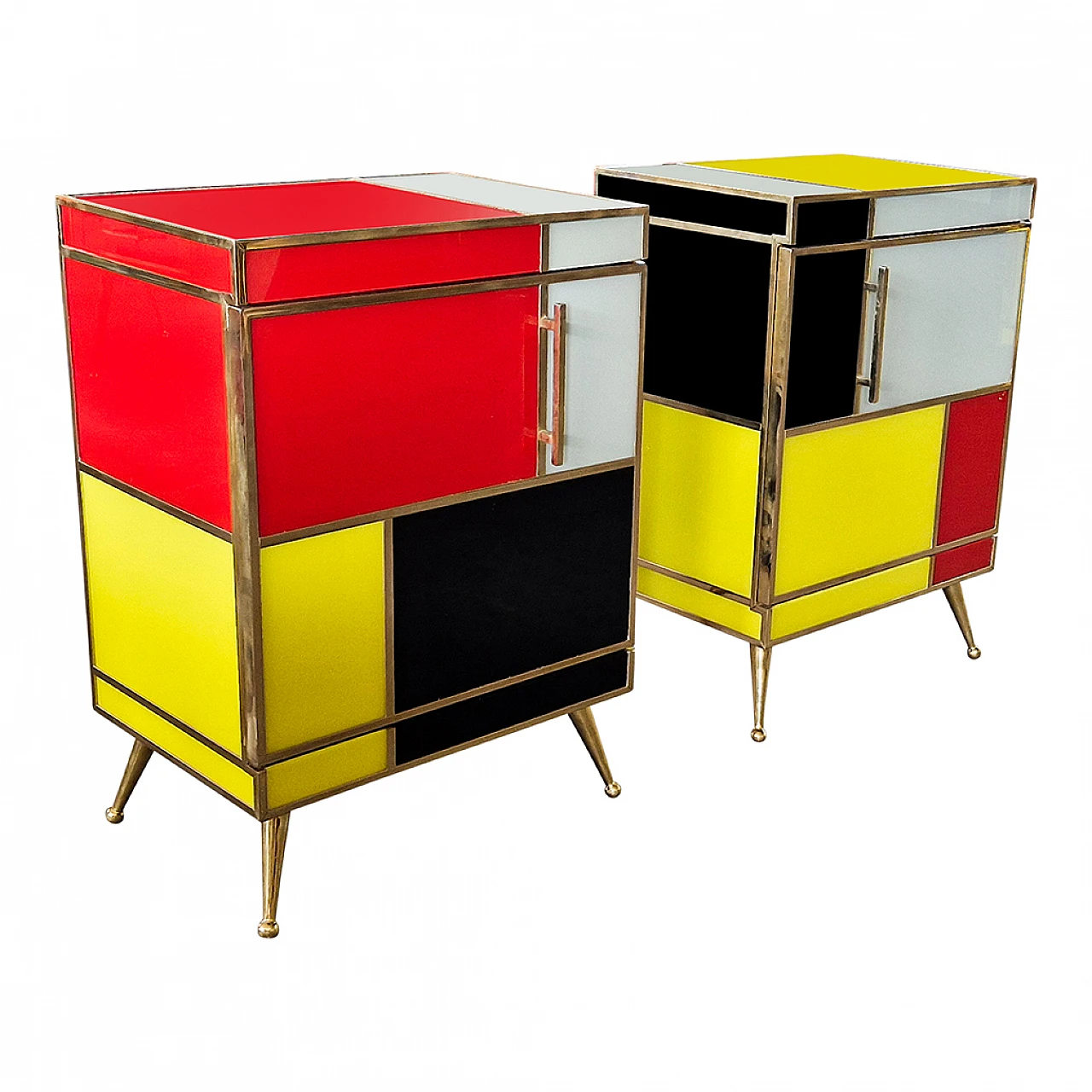 Pair of wooden and glass bedside tables in four colours, 1980s 9