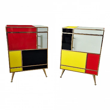 Pair of wooden and glass bedside tables in four colours, 1980s