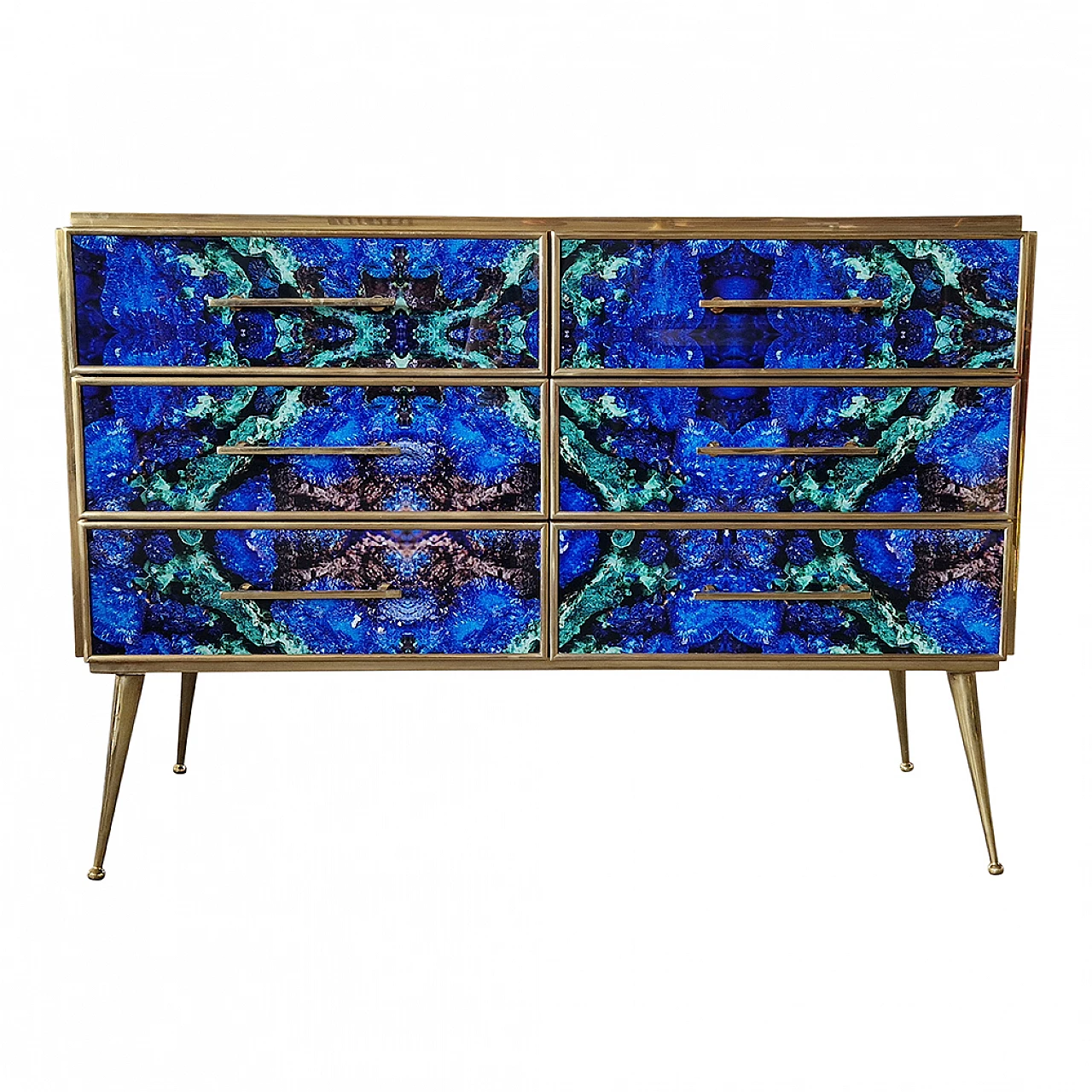 Wooden six-drawer dresser covered with lapis lazuli glass, 1980s 1