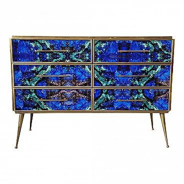 Wooden six-drawer dresser covered with lapis lazuli glass, 1980s