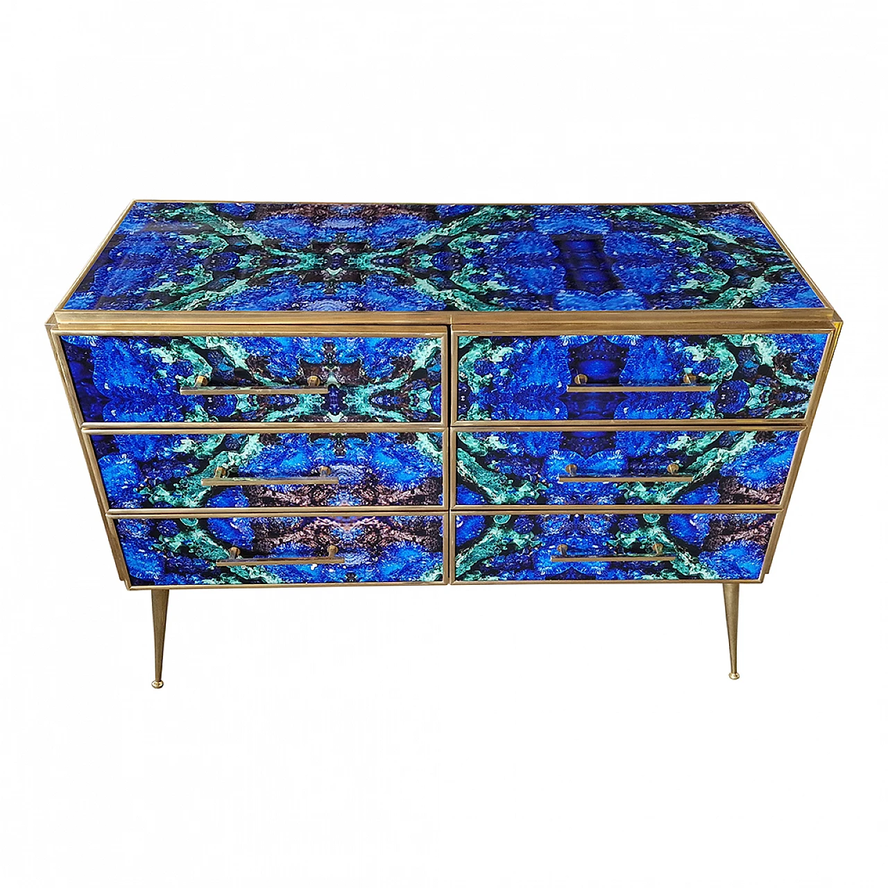 Wooden six-drawer dresser covered with lapis lazuli glass, 1980s 4