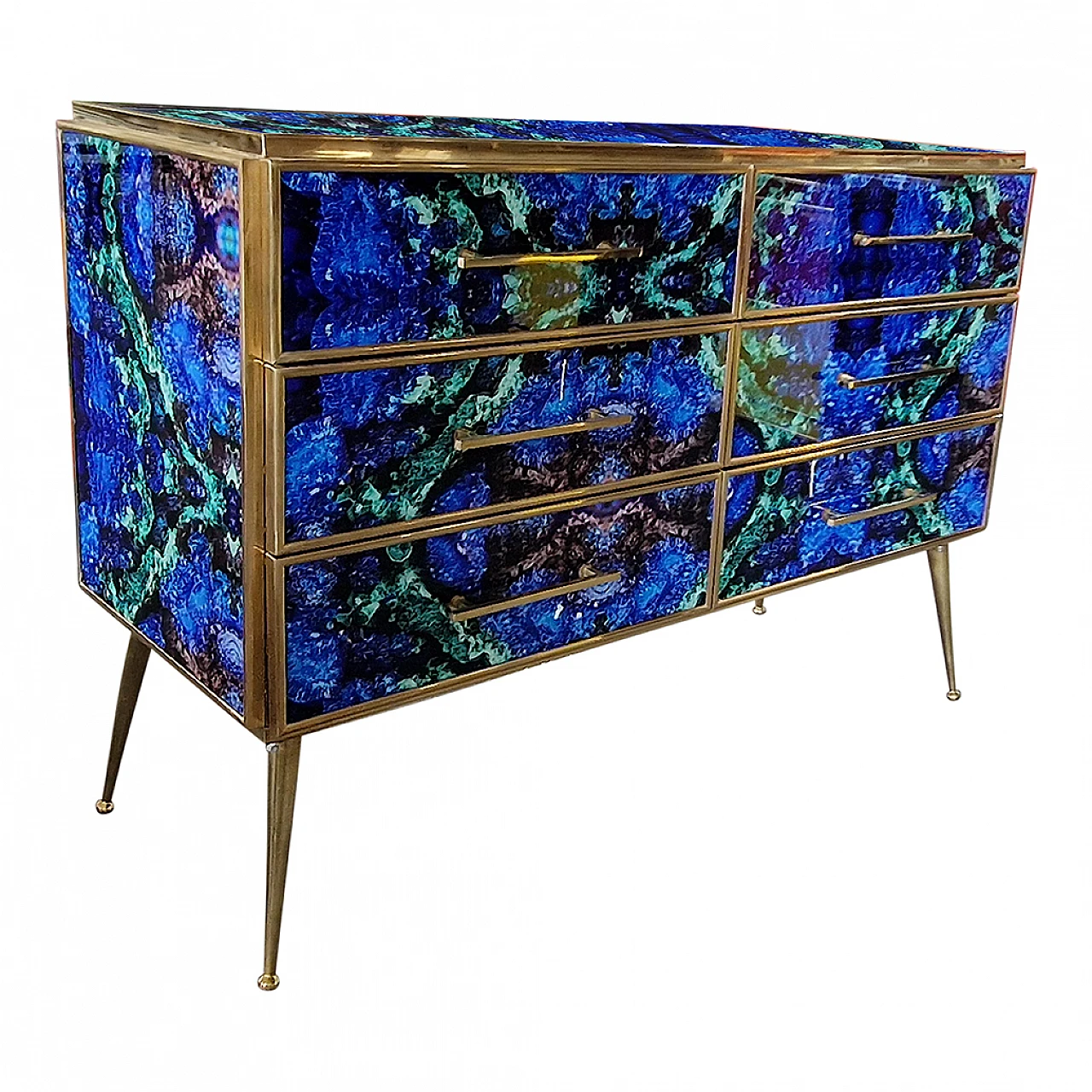 Wooden six-drawer dresser covered with lapis lazuli glass, 1980s 6