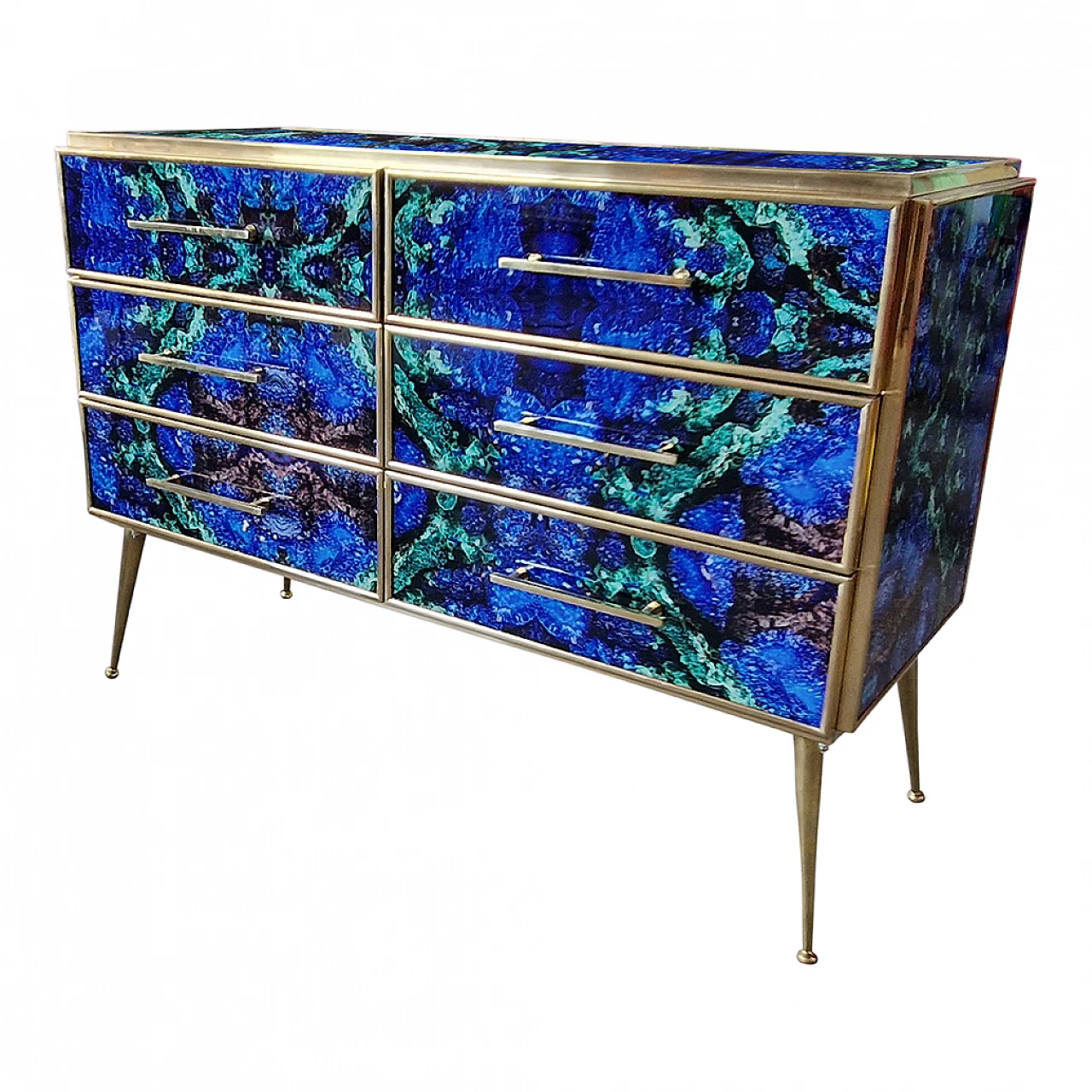 Wooden six-drawer dresser covered with lapis lazuli glass, 1980s 7