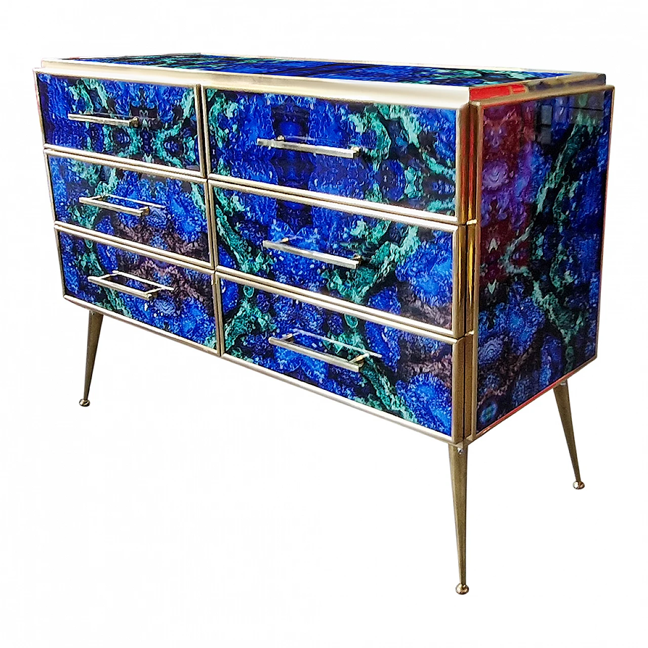 Wooden six-drawer dresser covered with lapis lazuli glass, 1980s 8