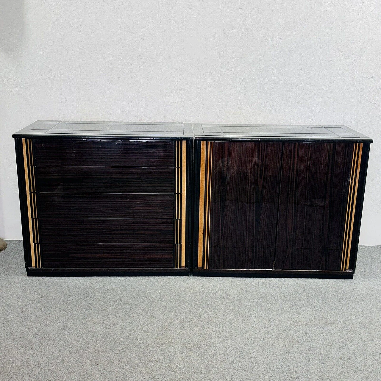 Sideboard in Macassar ebony, mother-of-pearl & black glass, 1970s 2