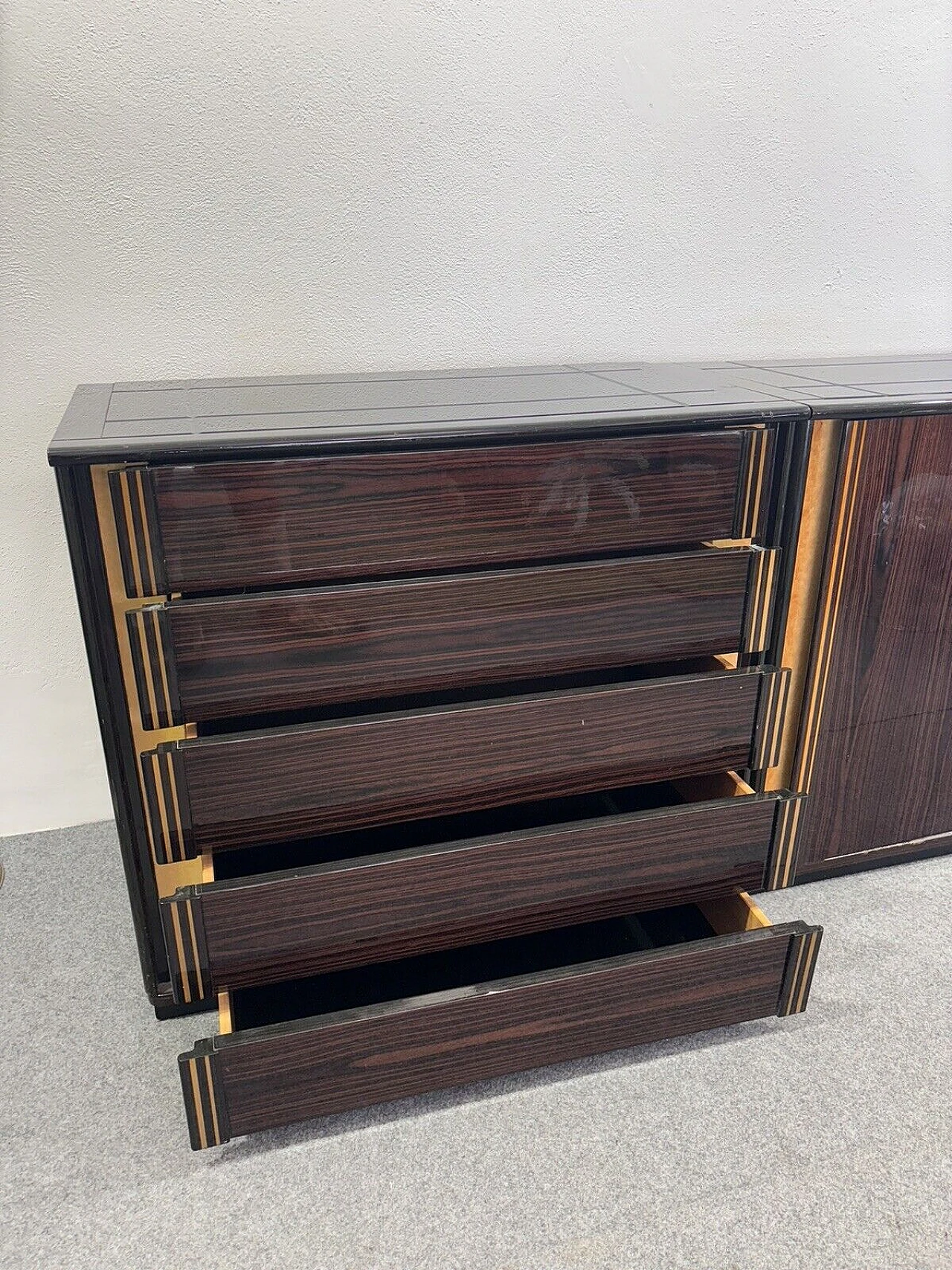 Sideboard in Macassar ebony, mother-of-pearl & black glass, 1970s 8