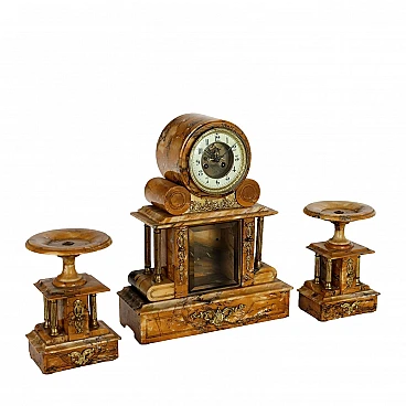 Triptych with clock & risers in yellow marble & bronze, 19th century