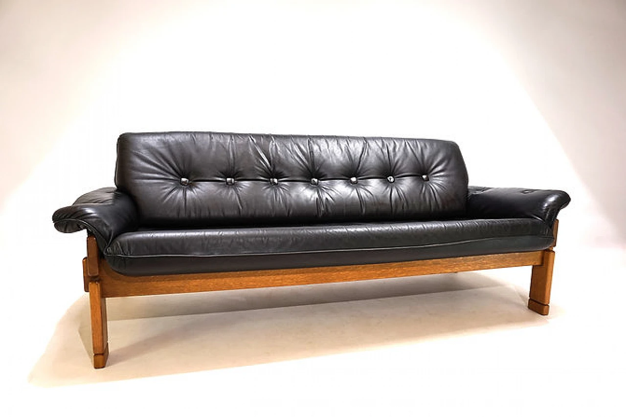 Solid oak and black leather three-seater sofa, 1960s 1