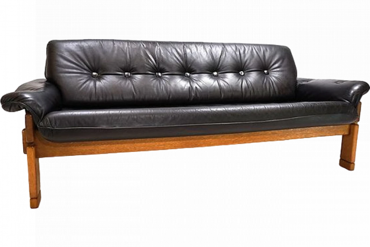 Solid oak and black leather three-seater sofa, 1960s 2