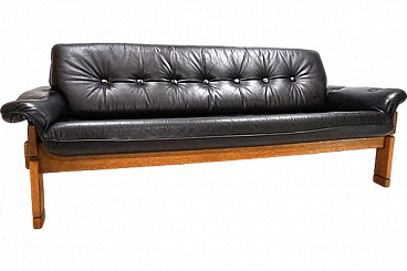 Solid oak and black leather three-seater sofa, 1960s