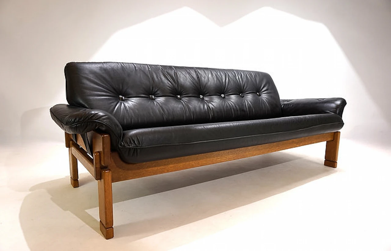 Solid oak and black leather three-seater sofa, 1960s 13