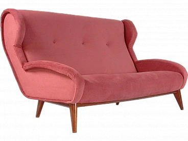 Solid walnut and dark pink velvet sofa, 1960s