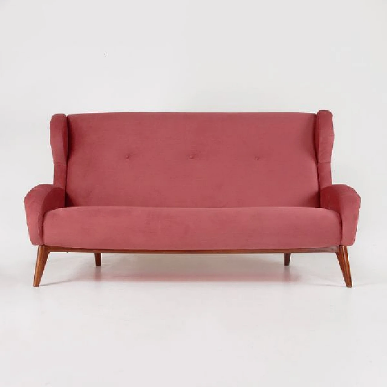 Solid walnut and dark pink velvet sofa, 1960s 3