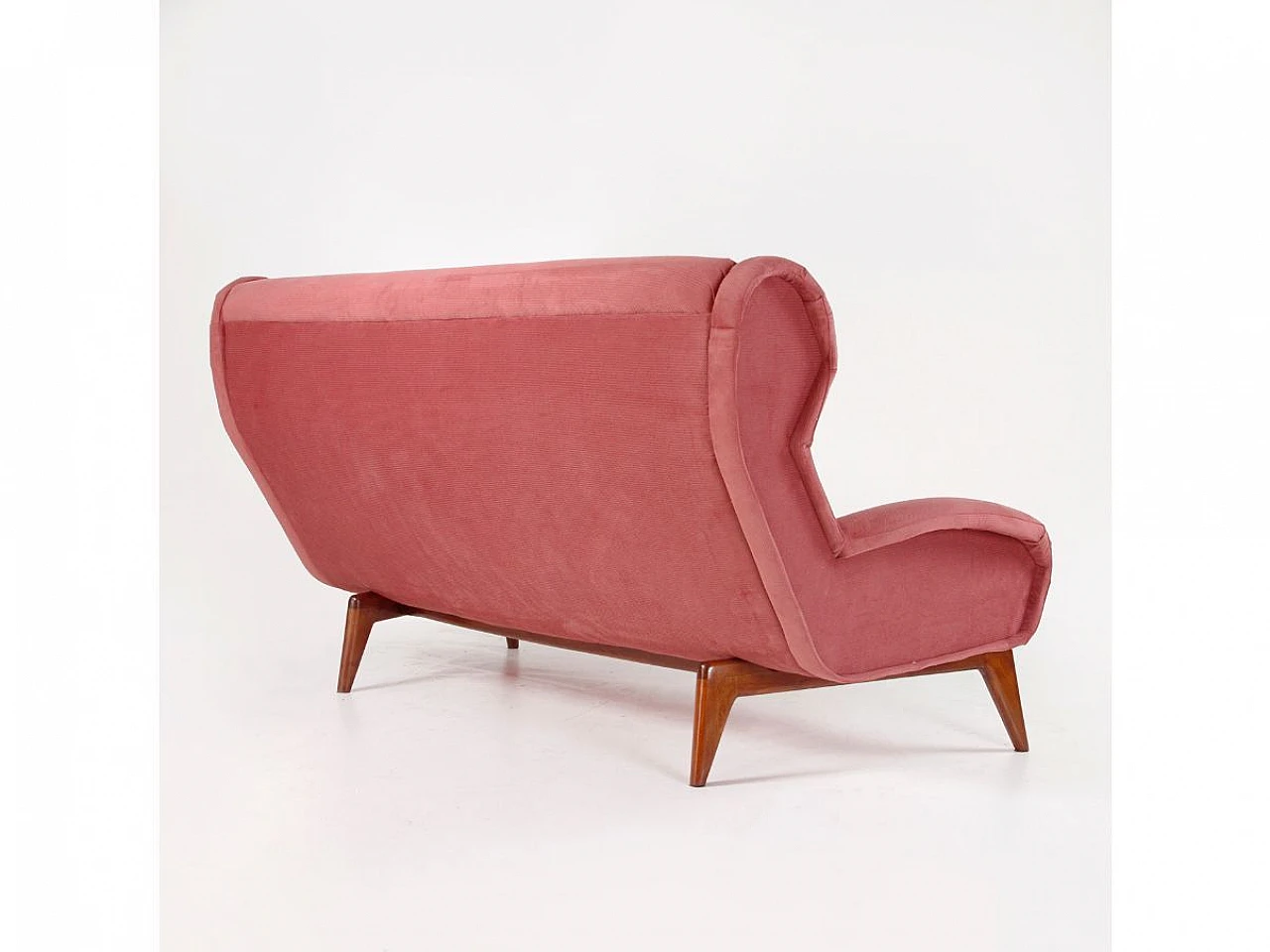 Solid walnut and dark pink velvet sofa, 1960s 4