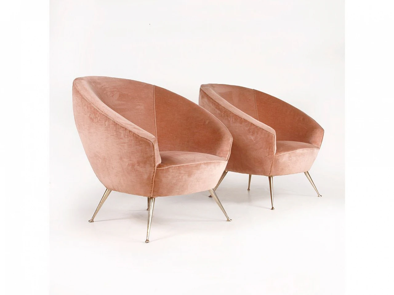 Pair of brass and powder pink velvet armchairs, 1960s 1