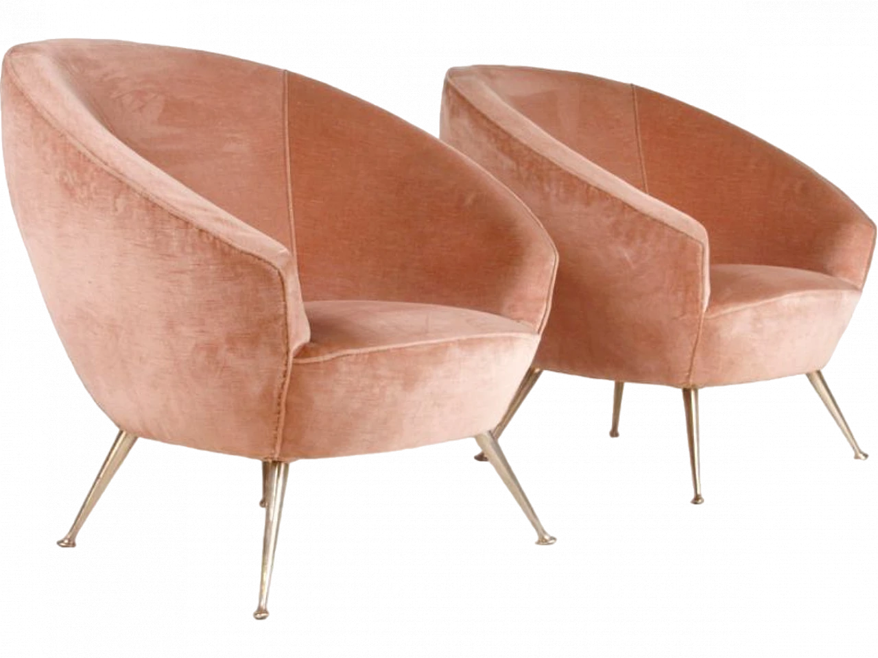 Pair of brass and powder pink velvet armchairs, 1960s 2