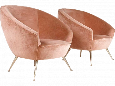 Pair of brass and powder pink velvet armchairs, 1960s