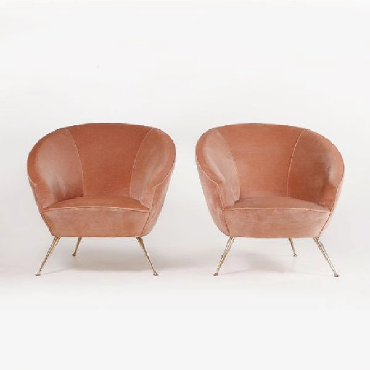 Pair of brass and powder pink velvet armchairs, 1960s 3