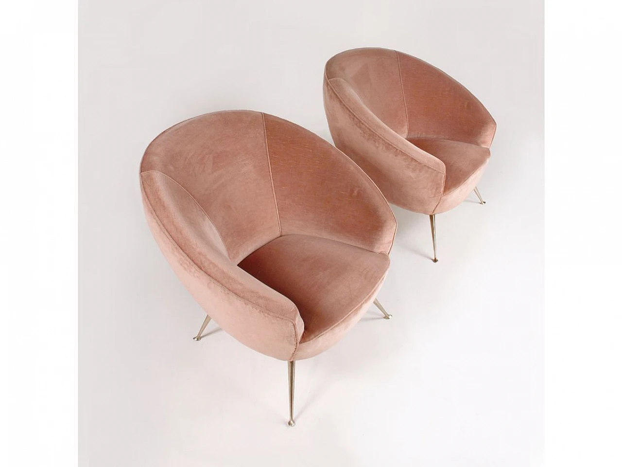 Pair of brass and powder pink velvet armchairs, 1960s 5