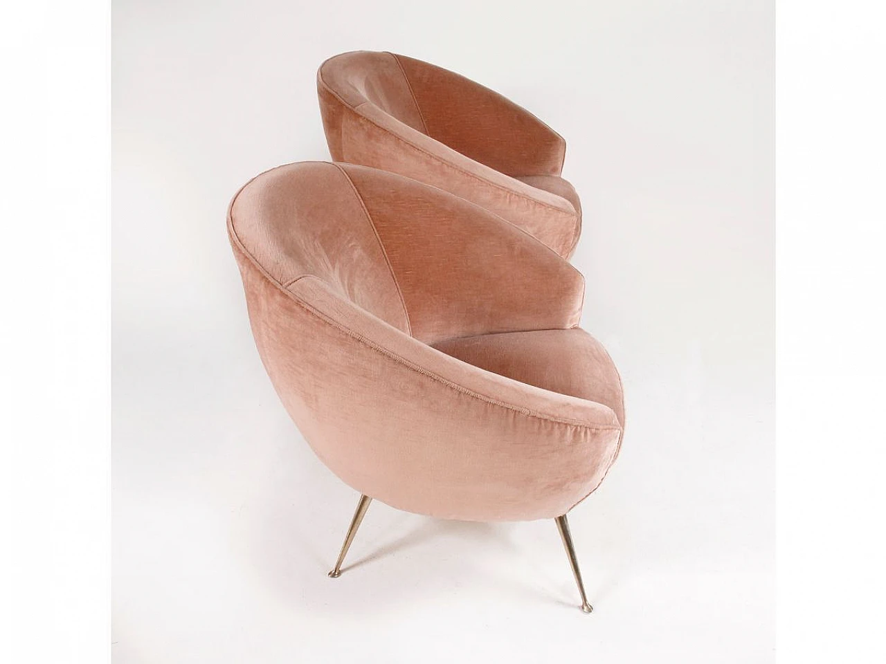 Pair of brass and powder pink velvet armchairs, 1960s 6