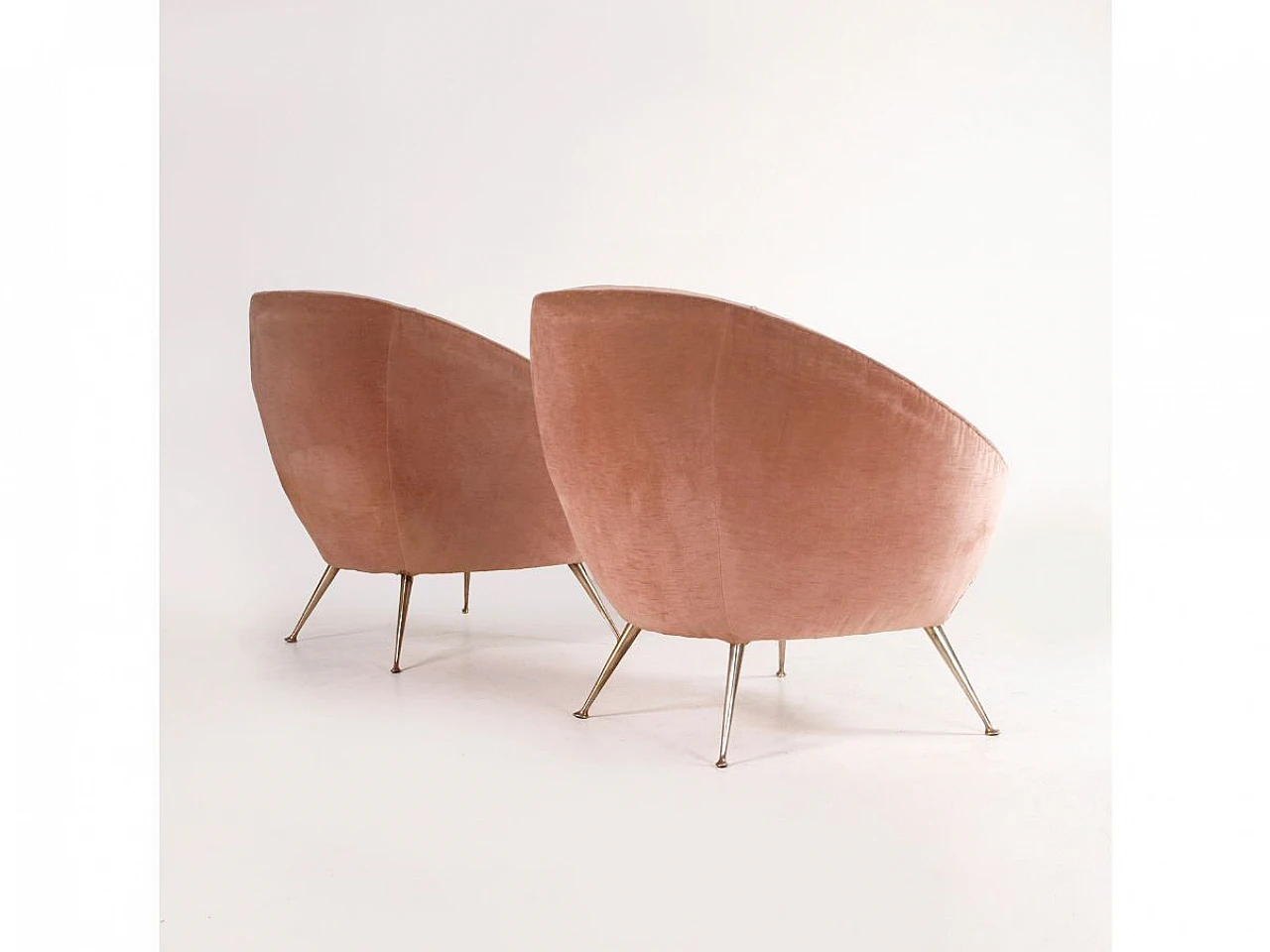 Pair of brass and powder pink velvet armchairs, 1960s 7