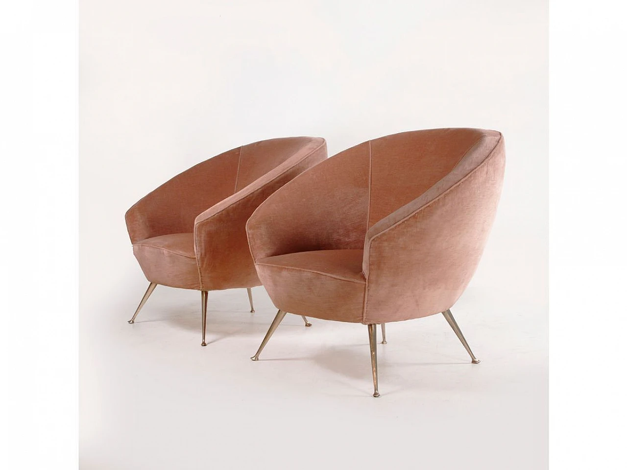 Pair of brass and powder pink velvet armchairs, 1960s 8