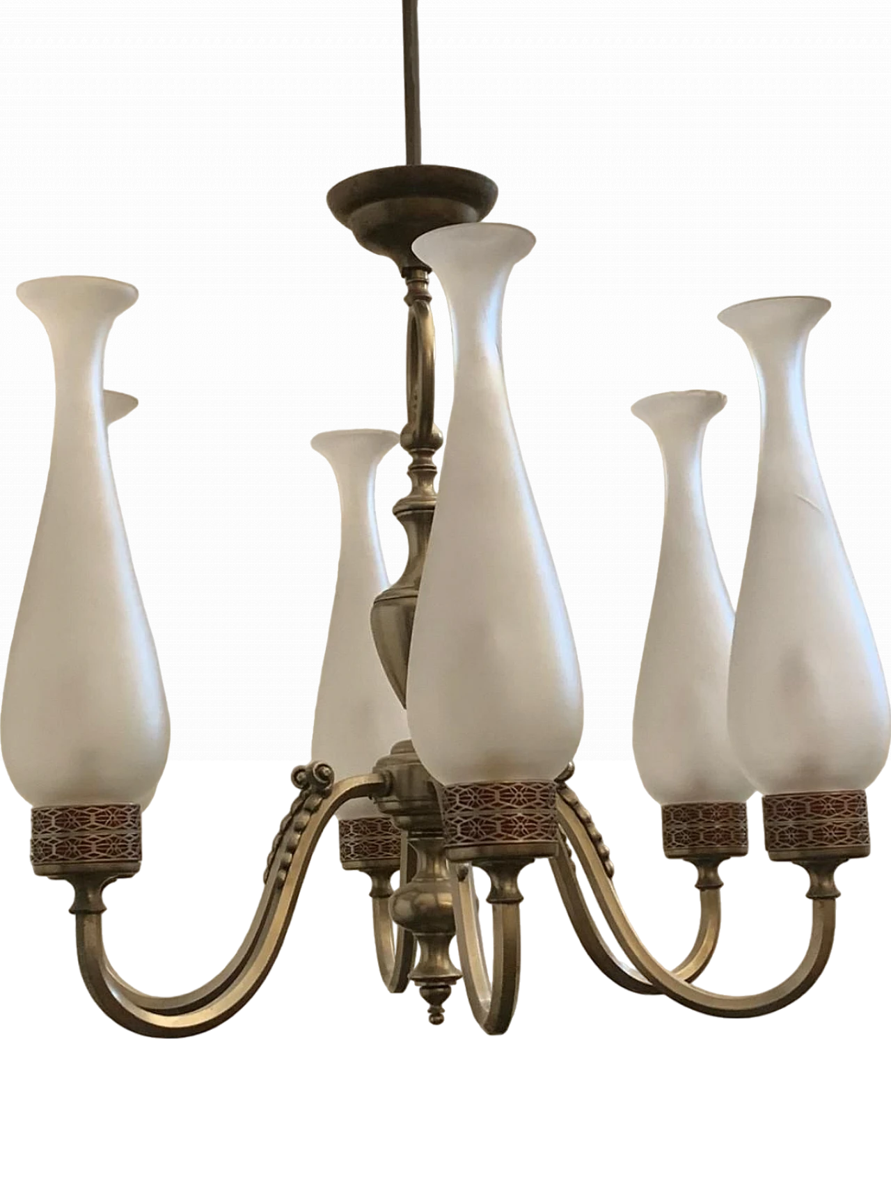 Art Deco Moorish style metal and opaline glass chandelier, 1950s 10