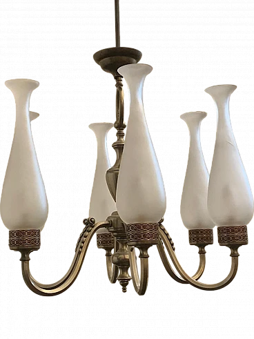 Art Deco Moorish style metal and opaline glass chandelier, 1950s