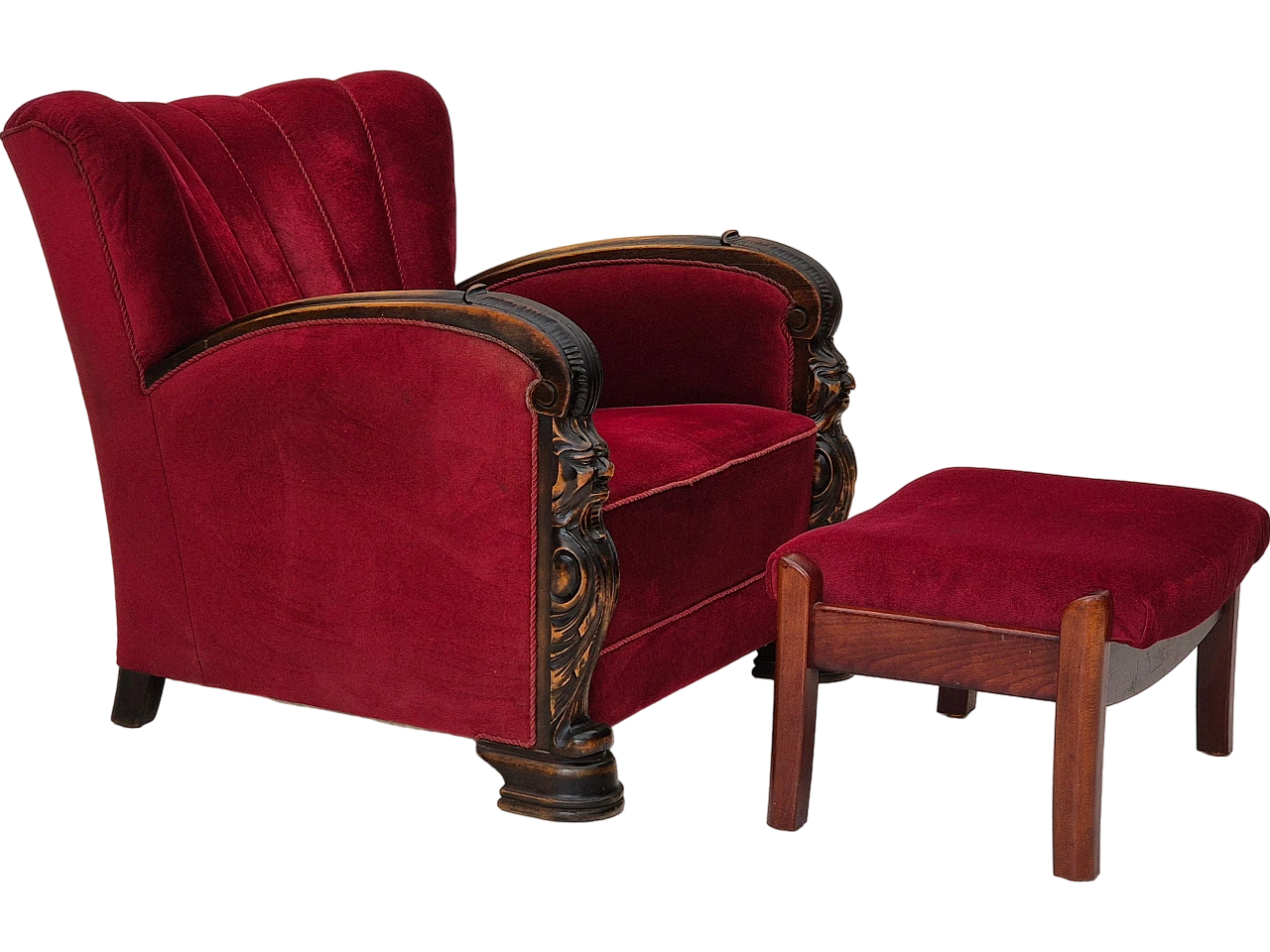 Danish velvet and ash armchair with footstool, 1950s 18