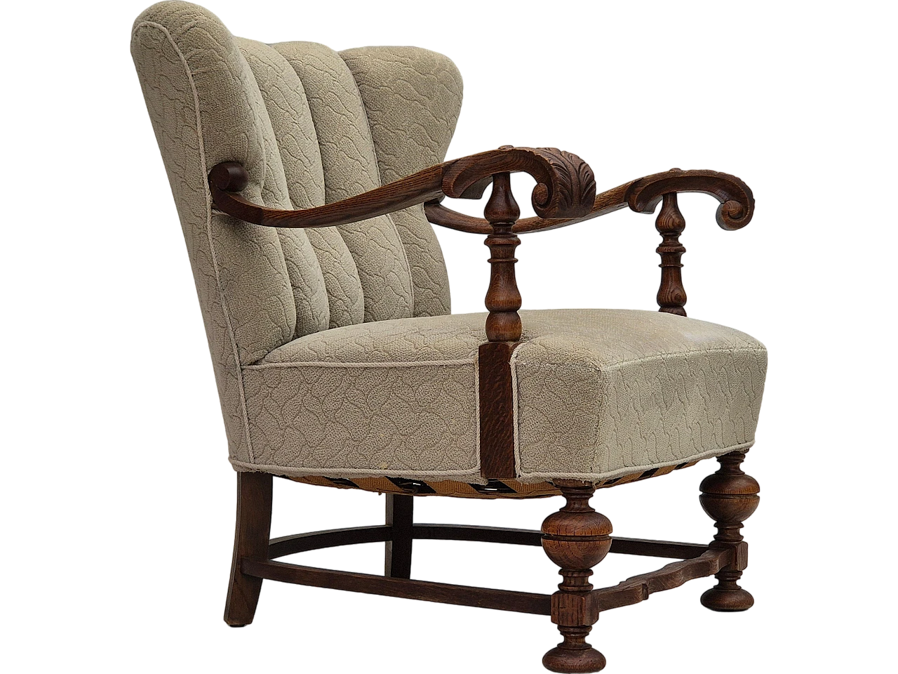 Danish fabric and carved oak armchair, 1950s 22