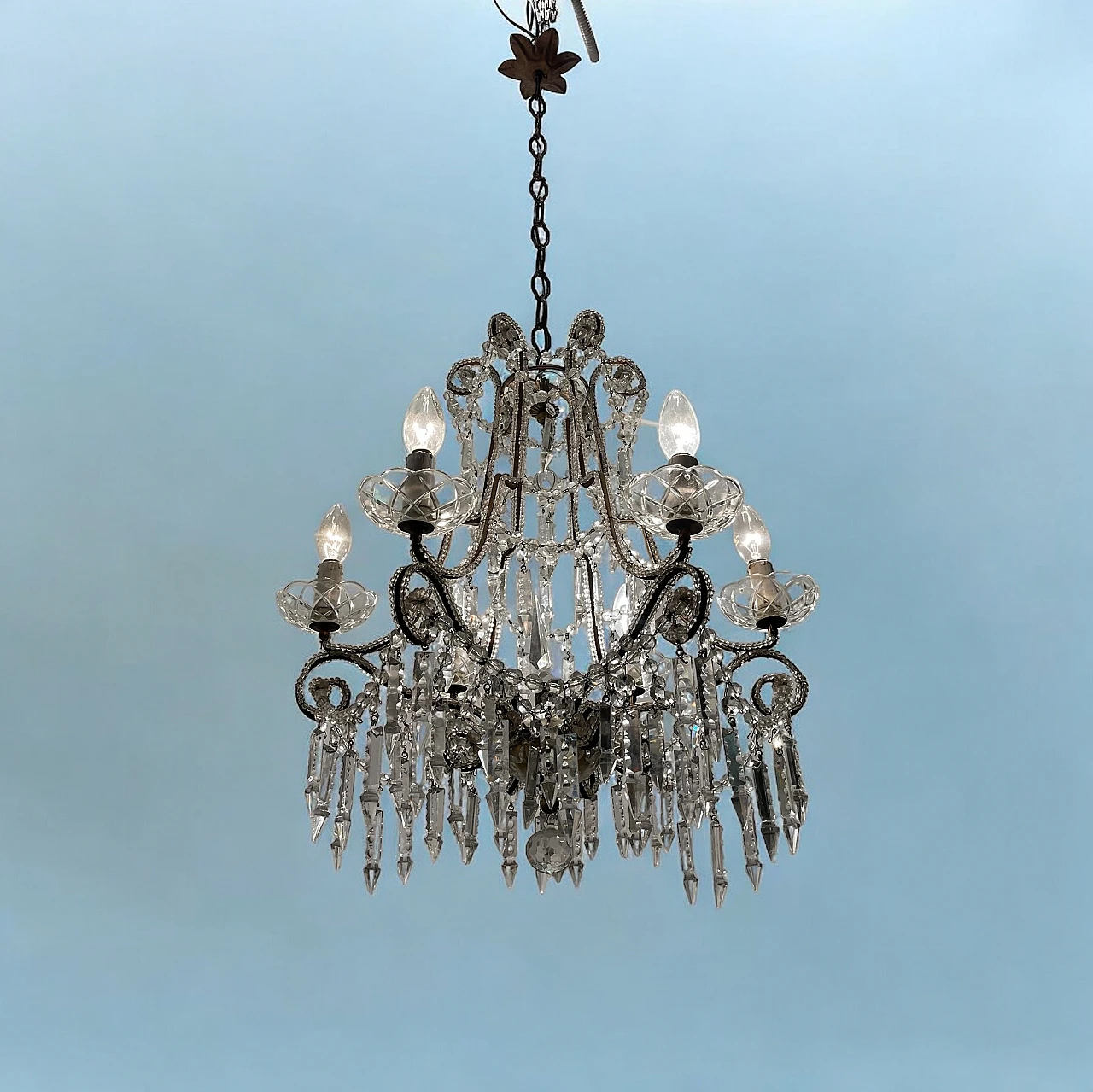 Six-light crystal beaded chandelier, 1940s 1