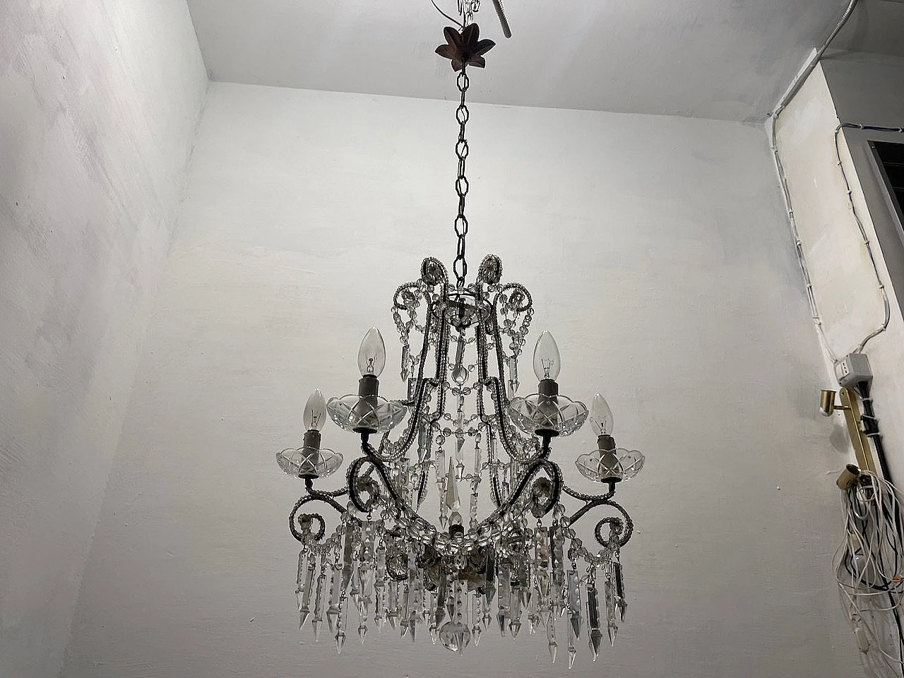 Six-light crystal beaded chandelier, 1940s 5