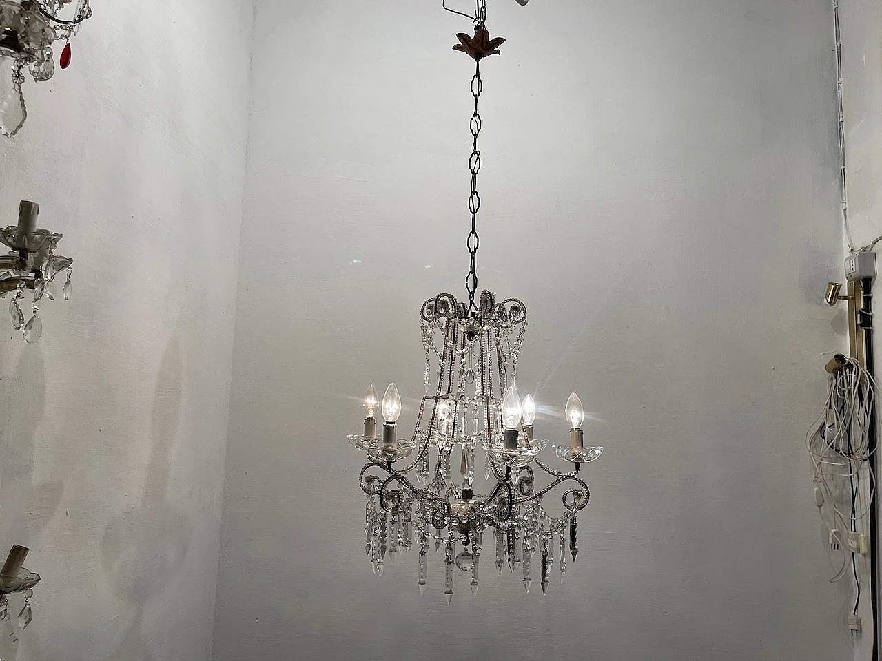 Six-light crystal beaded chandelier, 1940s 9