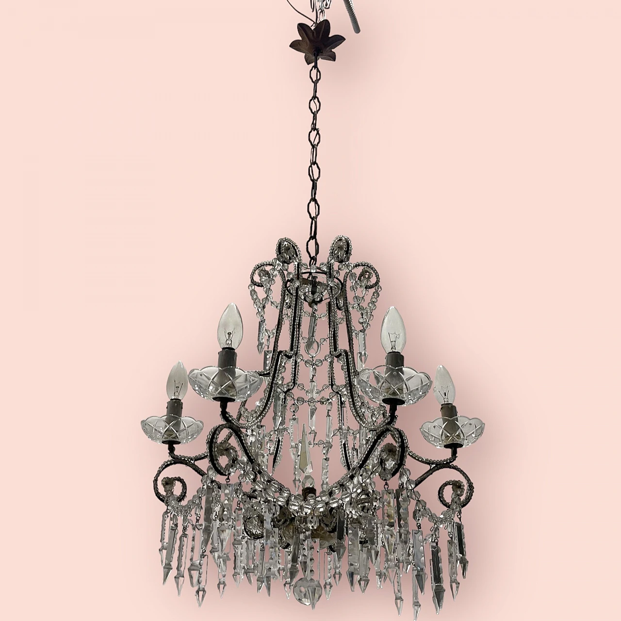 Six-light crystal beaded chandelier, 1940s 18