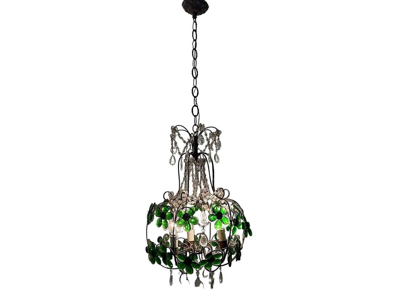 Bronze chandelier with green Murano glass flowers, 1950s 1