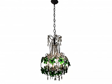 Bronze chandelier with green Murano glass flowers, 1950s